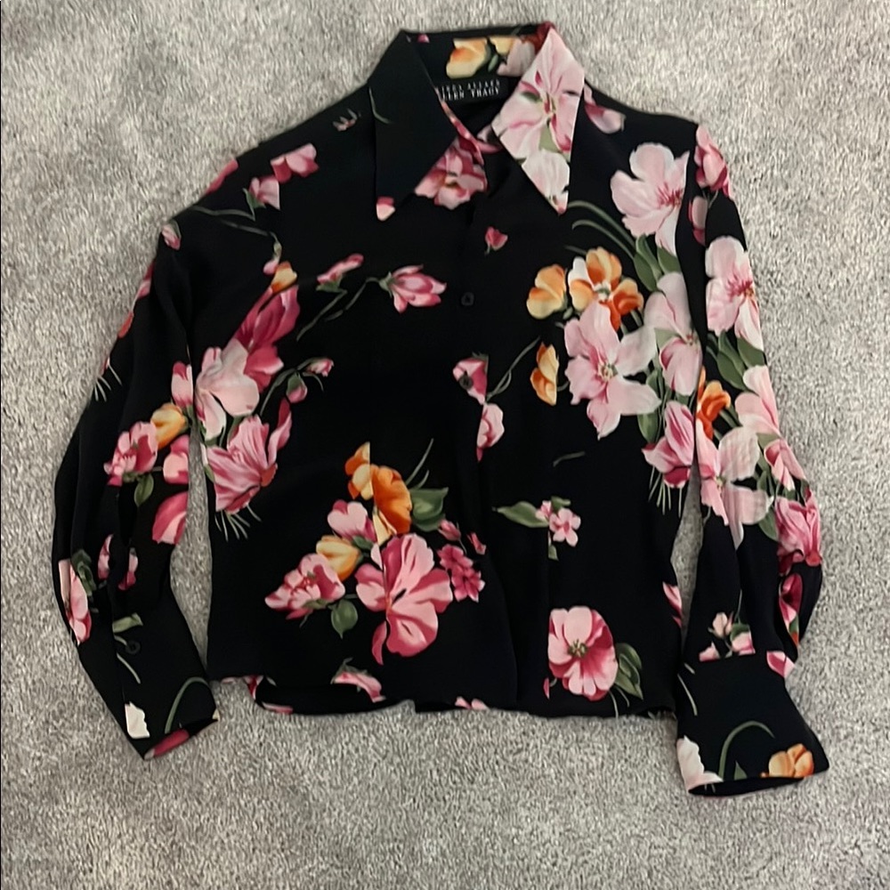 Ellen Tracy Black Floral Button-Front Blouse with Pink & Orange Blooms